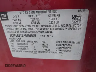 2010 GMC Terrain SLE-2 с VIN 2CTFLEEY2A6392666, выставлен на аукционе IAAI как лот 41139936 с пробегом 216 780 миль миль и . История ставок и продаж доступна на DreamBid. Изображение 9.
