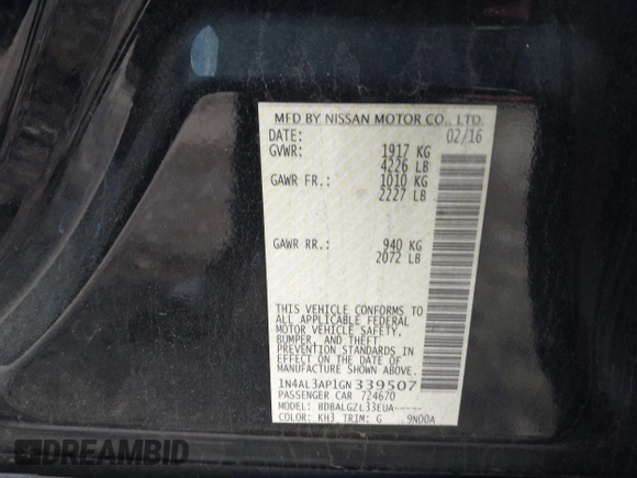 2016 Nissan Altima S with VIN 1N4AL3AP1GN339507, listed as a IAAI auction lot 41663848 with Not Provided miles and . Bid and sale history available at carsss.com. Image 9.