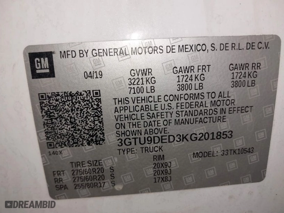 2019 GMC Sierra 1500 SLT with VIN 3GTU9DED3KG201853, listed as a IAAI auction lot 40678380 with 99,818 mi miles. Bid and sale history available at carsss.com. Image 9.