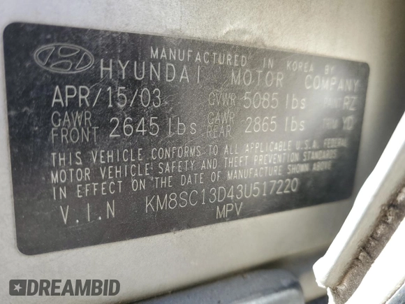 2003 Hyundai Santa Fe GLS with VIN KM8SC13D43U517220, listed as a Copart auction lot 76797714 with 126,733 mi miles and Salvage Title. Bid and sale history available at carsss.com. Image 14.