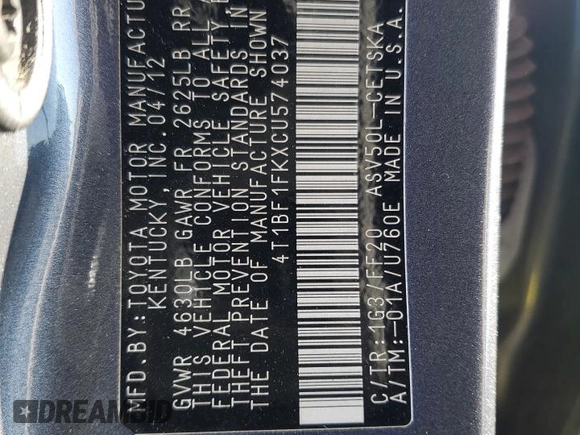 2012 Toyota Camry L with VIN 4T1BF1FKXCU574037, listed as a Copart auction lot 88361785 with 119,107 mi miles and Salvage Title. Bid and sale history available at carsss.com. Image 12.