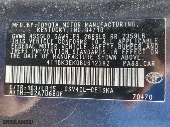 2011 Toyota Camry LE with VIN 4T1BK3EK0BU612382, listed as a Copart auction lot 44201055 with 241,910 mi miles and Salvage Title. Bid and sale history available at carsss.com. Image 14.