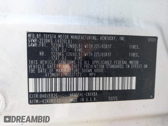 2021 Toyota RAV4 Hybrid LE with VIN 4T3M6RFV7MU027172, listed as a IAAI auction lot 41829723 with 262,619 mi miles. Bid and sale history available at carsss.com. Image 9.