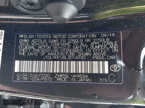 2020 Toyota Prius LE with VIN JTDL9RFU8L3014930, listed as a IAAI auction lot 42171038 with 67,785 mi miles and . Bid and sale history available at DreamBid. Image 9.