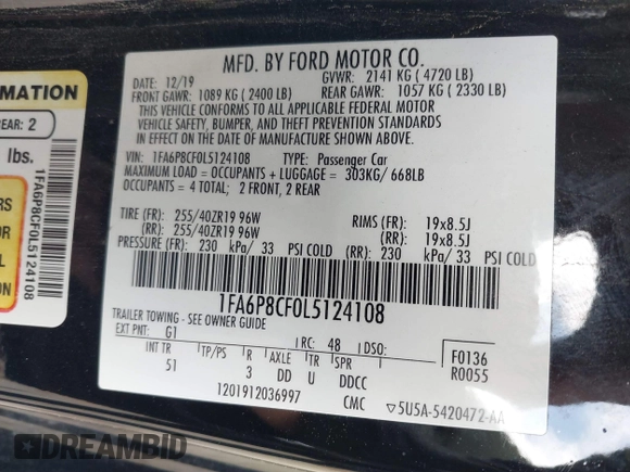 2020 Ford Mustang GT with VIN 1FA6P8CF0L5124108, listed as a IAAI auction lot 41556376 with 41,714 mi miles and . Bid and sale history available at DreamBid. Image 9.