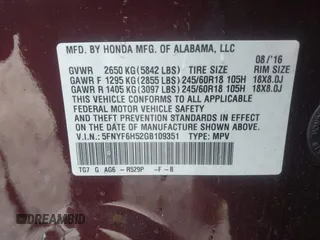 2016 Honda Pilot EX-L with VIN 5FNYF6H52GB109351, listed as a IAAI auction lot 41735131 with 125,604 mi miles. Bid and sale history available at carsss.com. Image 9.