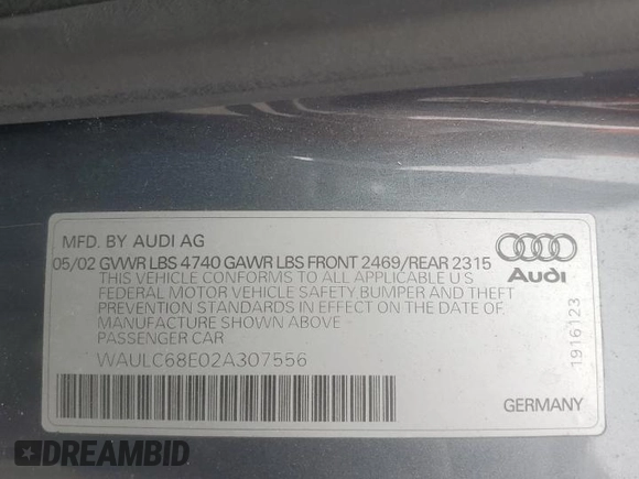 2002 Audi A4 1.8T with VIN WAULC68E02A307556, listed as a Copart auction lot 49934045 with 114,996 mi miles and Clean title. Bid and sale history available at DreamBid. Image 12.