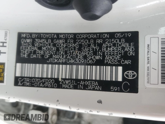2019 Toyota Prius L Eco z VIN JTDKARFU4K3091067, wystawiony jako Copart lot #59710505 z przebiegiem 80 659 mil mil oraz Szkoda całkowita • Salvage title. Historia ofert i sprzedaży dostępna na DreamBid. Obrazek 12.