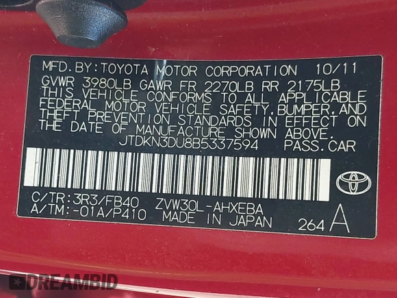 2011 Toyota Prius I with VIN JTDKN3DU8B5337594, listed as a IAAI auction lot 41976798 with 82,840 mi miles. Bid and sale history available at carsss.com. Image 9.