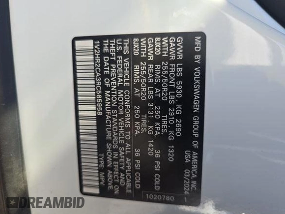 2024 Volkswagen Atlas SE with VIN 1V2HR2CA3RC565958, listed as a IAAI auction lot 42751184 with 20,040 mi miles and . Bid and sale history available at DreamBid. Image 1.