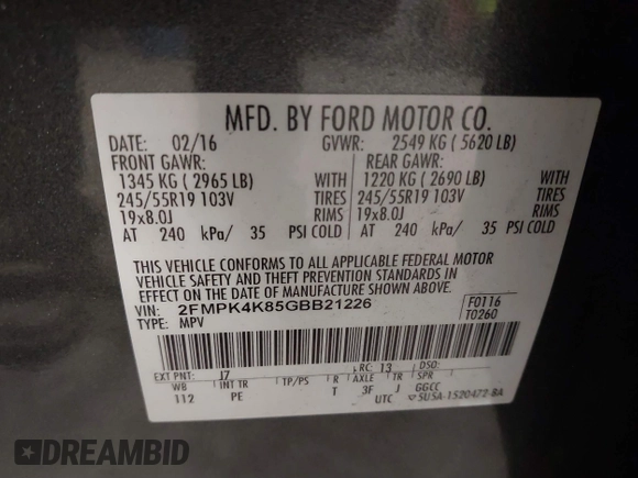 2016 Ford Edge Titanium with VIN 2FMPK4K85GBB21226, listed as a IAAI auction lot 41613363 with 114,490 mi miles. Bid and sale history available at carsss.com. Image 9.