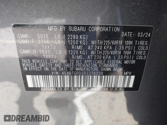 2024 Subaru Outback Touring XT с VIN 4S4BTGPD0R3256230, выставлен на аукционе IAAI как лот 42218404 с пробегом 17 729 миль миль и . История ставок и продаж доступна на DreamBid. Изображение 9.