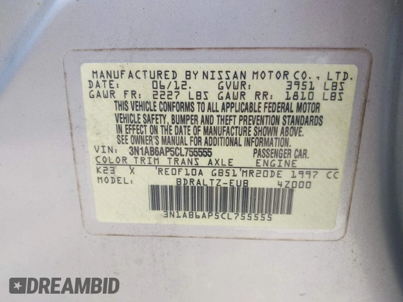 2012 Nissan Sentra S with VIN 3N1AB6AP5CL755555, listed as a IAAI auction lot 42590576 with 158,947 mi miles and . Bid and sale history available at DreamBid. Image 9.