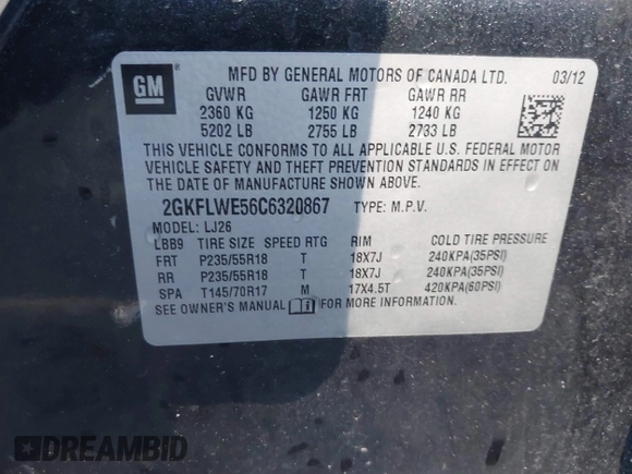 2012 GMC Terrain SLT-2 with VIN 2GKFLWE56C6320867, listed as a IAAI auction lot 41021729 with 147,135 mi miles and . Bid and sale history available at DreamBid. Image 9.