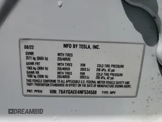 2022 Tesla Model Y Long Range with VIN 7SAYGAEE4NF534588, listed as a Copart auction lot 53274995 with 20,768 mi miles and Salvage Title. Bid and sale history available at DreamBid. Image 14.