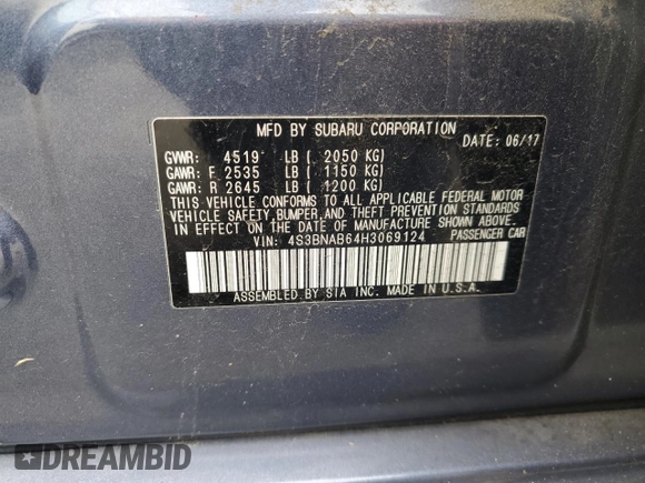 2017 Subaru Legacy z VIN 4S3BNAB64H3069124, wystawiony jako Copart lot #58131435 z przebiegiem 70 299 mil mil oraz Szkoda całkowita • Salvage title. Historia ofert i sprzedaży dostępna na DreamBid. Obrazek 12.