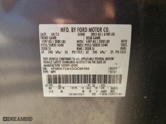 2013 Ford Explorer XLT with VIN 1FM5K7D8XDGC60195, listed as a Copart auction lot 89312245 with 145,621 mi miles and Salvage Title. Bid and sale history available at carsss.com. Image 14.