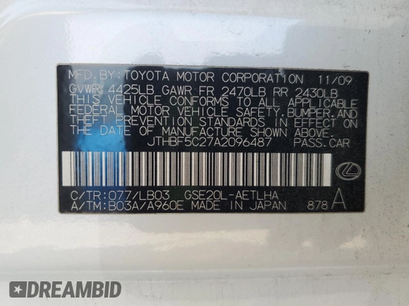 2010 Lexus IS 250 with VIN JTHBF5C27A2096487, listed as a Copart auction lot 58865595 with 178,751 mi miles and Salvage title. Bid and sale history available at DreamBid. Image 13.