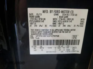 2013 Ford F-150 XL with VIN 1FTFX1EFXDFC70705, listed as a Copart auction lot 63155065 with 123,584 mi miles and Salvage title. Bid and sale history available at DreamBid. Image 12.