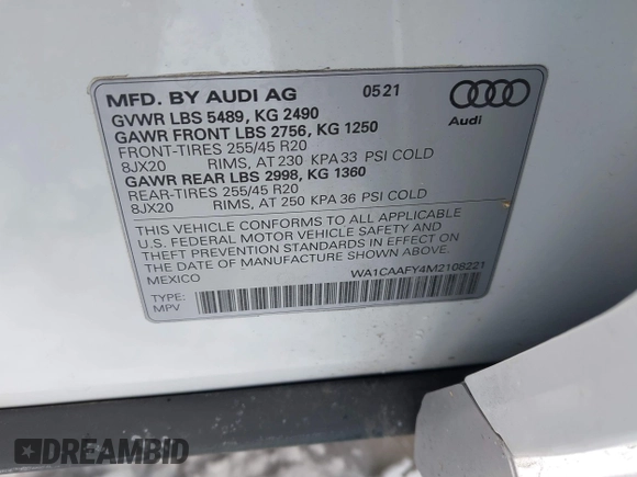2021 Audi Q5 Prestige with VIN WA1CAAFY4M2108221, listed as a IAAI auction lot 41485079 with 14,154 mi miles. Bid and sale history available at carsss.com. Image 9.