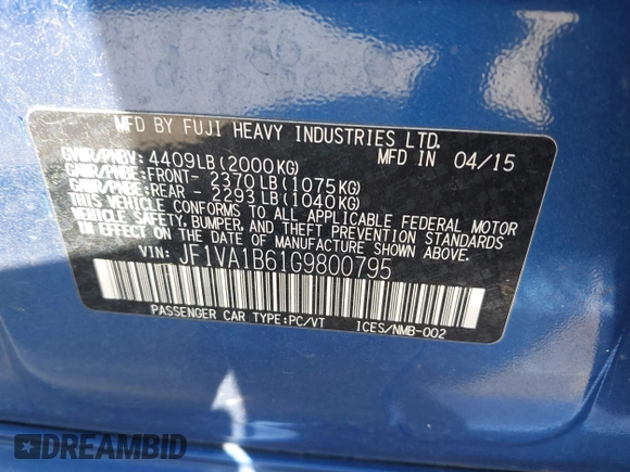 2016 Subaru WRX с VIN JF1VA1B61G9800795, выставлен на аукционе IAAI как лот 42138057 с пробегом 120 615 миль миль и . История ставок и продаж доступна на DreamBid. Изображение 9.