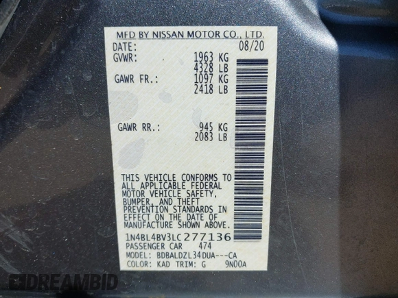 2020 Nissan Altima S with VIN 1N4BL4BV3LC277136, listed as a IAAI auction lot 41824422 with 105,250 mi miles and . Bid and sale history available at carsss.com. Image 9.