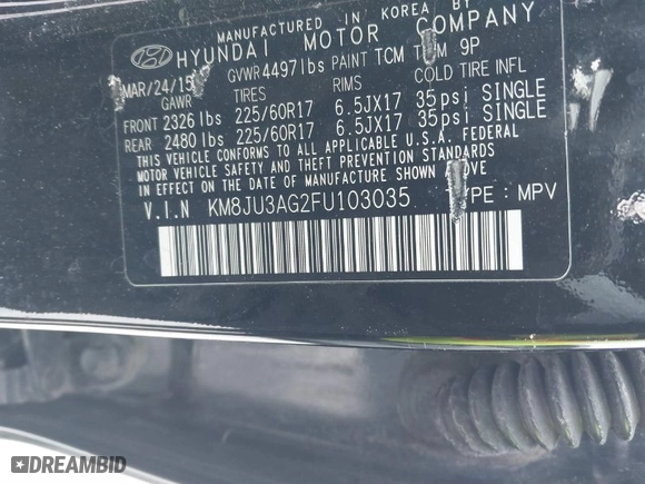 2015 Hyundai Tucson SE with VIN KM8JU3AG2FU103035, listed as a IAAI auction lot 41592256 with 105,792 mi miles. Bid and sale history available at carsss.com. Image 9.