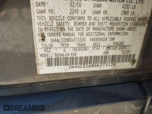 2006 Nissan Altima S with VIN 1N4AL11D86N373324, listed as a IAAI auction lot 42048494 with Not provided miles and . Bid and sale history available at DreamBid. Image 9.