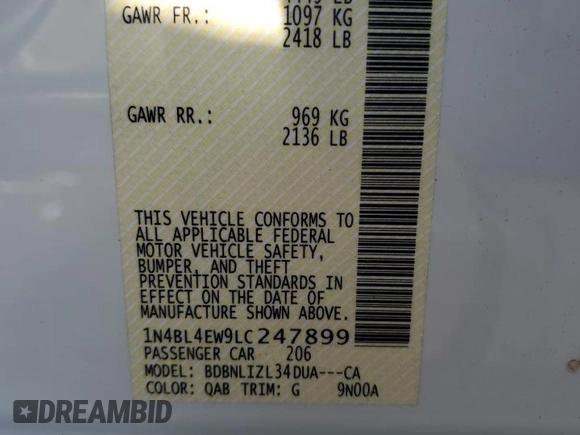 2020 Nissan Altima 2.5 SL with VIN 1N4BL4EW9LC247899, listed as a Copart auction lot 41436935 with 0 mi miles and Salvage Title. Bid and sale history available at carsss.com. Image 12.