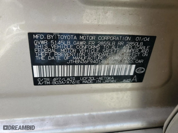 2004 Lexus LS 430 with VIN JTHBN36F940148160, listed as a Copart auction lot 54482395 with 101,122 mi miles and Salvage Title. Bid and sale history available at carsss.com. Image 12.