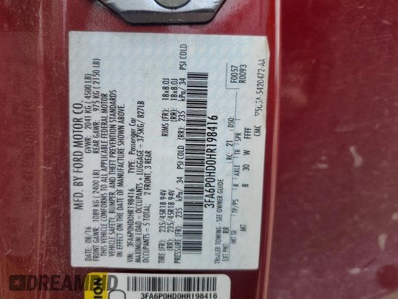 2017 Ford Fusion SE с VIN 3FA6P0HD0HR198416, выставлен на аукционе Copart как лот 57828185 с пробегом 95 955 миль миль и Списание • Salvage title. История ставок и продаж доступна на DreamBid. Изображение 12.