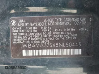 2008 BMW 3 Series 328i with VIN WBAVA37548NL50443, listed as a IAAI auction lot 42139674 with 129,105 mi miles and . Bid and sale history available at DreamBid. Image 9.