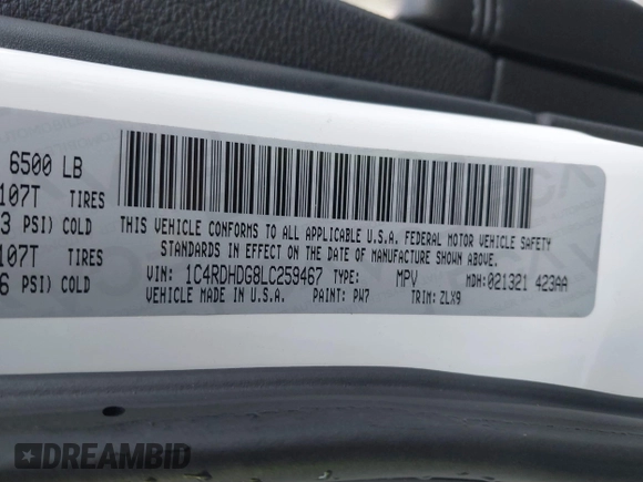 2020 Dodge Durango GT with VIN 1C4RDHDG8LC259467, listed as a IAAI auction lot 40994886 with 82,509 mi miles and . Bid and sale history available at DreamBid. Image 9.