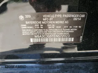 2014 BMW 3 Series 320i xDrive with VIN WBA3C3G51ENS72023, listed as a Copart auction lot 58595225 with 104,315 mi miles and Salvage title. Bid and sale history available at DreamBid. Image 12.