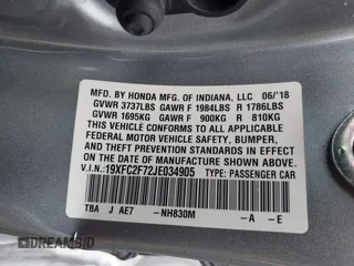 2018 Honda Civic Sedan EX with VIN 19XFC2F72JE034905, listed as a IAAI auction lot 40464574 with 68,942 mi miles. Bid and sale history available at carsss.com. Image 9.