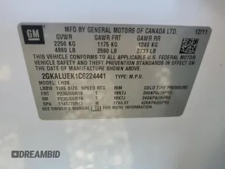 2012 GMC Terrain SLT-1 with VIN 2GKALUEK1C6224441, listed as a Copart auction lot 63457685 with 105,874 mi miles and Salvage title. Bid and sale history available at DreamBid. Image 13.