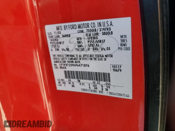 2004 Ford F-150 XL with VIN 1FTPX12594NA71876, listed as a Copart auction lot 47102195 with 222,907 mi miles and Salvage Title. Bid and sale history available at carsss.com. Image 12.