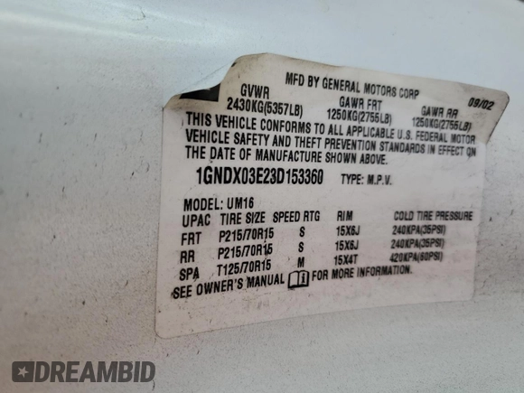 2003 Chevrolet Venture Y3G Mobility z VIN 1GNDX03E23D153360, wystawiony jako Copart lot #49432355 z przebiegiem 110 910 mil mil oraz Szkoda całkowita • Salvage title. Historia ofert i sprzedaży dostępna na DreamBid. Obrazek 13.