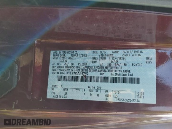 2007 Ford Econoline Passenger XL with VIN 1FBNE31L97DA48752, listed as a Copart auction lot 45878525 with Not provided miles and Salvage title. Bid and sale history available at DreamBid. Image 13.