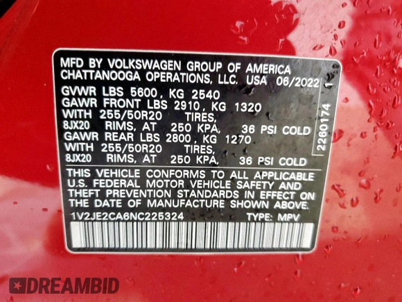2022 Volkswagen Atlas SE с VIN 1V2JE2CA6NC225324, выставлен на аукционе Copart как лот 60476985 с пробегом 58 315 миль миль и Чистый • Clean title. История ставок и продаж доступна на DreamBid. Изображение 13.