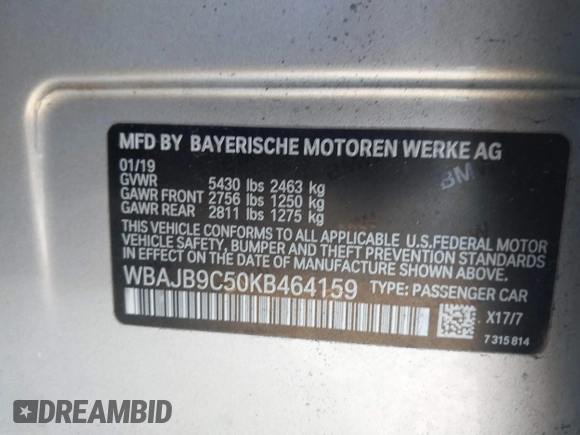 2019 BMW 5 Series M550i xDrive with VIN WBAJB9C50KB464159, listed as a IAAI auction lot 41758879 with 9,000 mi miles and . Bid and sale history available at DreamBid. Image 9.