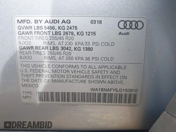 2018 Audi Q5 Premium Plus z VIN WA1BNAFY5J2153910, wystawiony jako IAAI lot #41790666 z przebiegiem 87 376 mil mil oraz . Historia ofert i sprzedaży dostępna na DreamBid. Obrazek 9.