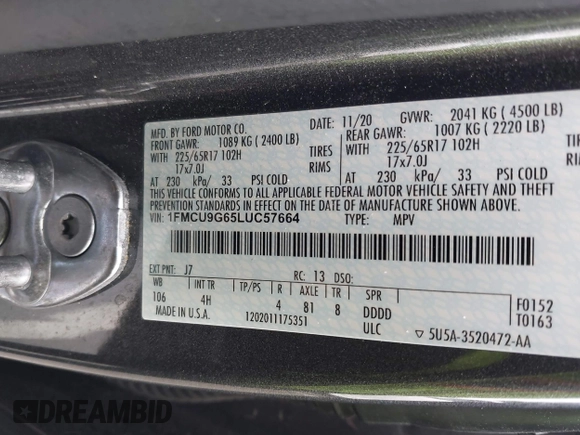 2020 Ford Escape SE z VIN 1FMCU9G65LUC57664, wystawiony jako IAAI lot #42439077 z przebiegiem 48 120 mil mil oraz . Historia ofert i sprzedaży dostępna na DreamBid. Obrazek 9.