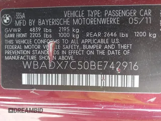 2011 BMW 3 Series 335i with VIN WBADX7C50BE742916, listed as a IAAI auction lot 41918648 with 82,801 mi miles and . Bid and sale history available at carsss.com. Image 9.