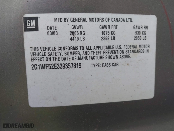 2003 Chevrolet Impala with VIN 2G1WF52E339357819, listed as a IAAI auction lot 41918563 with 1 mi miles. Bid and sale history available at carsss.com. Image 9.