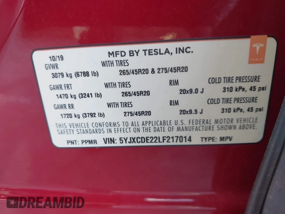 2020 Tesla Model X Long Range with VIN 5YJXCDE22LF217014, listed as a IAAI auction lot 41845824 with 149,375 mi miles and . Bid and sale history available at DreamBid. Image 9.