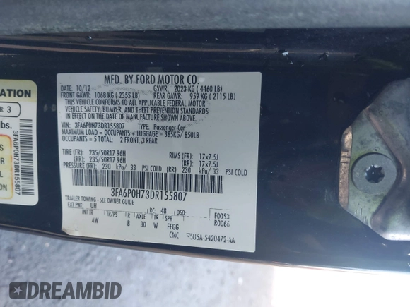 2013 Ford Fusion SE with VIN 3FA6P0H73DR155807, listed as a IAAI auction lot 41952917 with 156,189 mi miles and . Bid and sale history available at DreamBid. Image 9.
