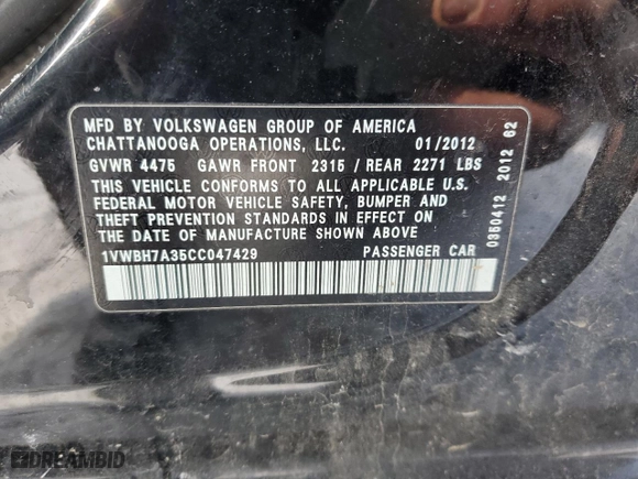 2012 Volkswagen Passat SE w/Sunroof with VIN 1VWBH7A35CC047429, listed as a Copart auction lot 45800395 with 221,051 mi miles and Non Repairable. Bid and sale history available at carsss.com. Image 14.
