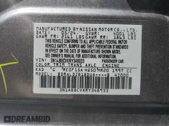 2024 Nissan Sentra SV with VIN 3N1AB8CVXRY348933, listed as a Copart auction lot 65011515 with 27,000 mi miles and Salvage title. Bid and sale history available at DreamBid. Image 12.