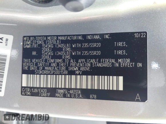 2023 Toyota Highlander L with VIN 5TDKDRBH3PS001588, listed as a IAAI auction lot 42139254 with 21,399 mi miles and . Bid and sale history available at DreamBid. Image 9.